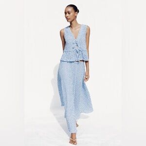 NWT Zara Gingham Tie Front Textured Tank Top and Midi Flared Skirt Set